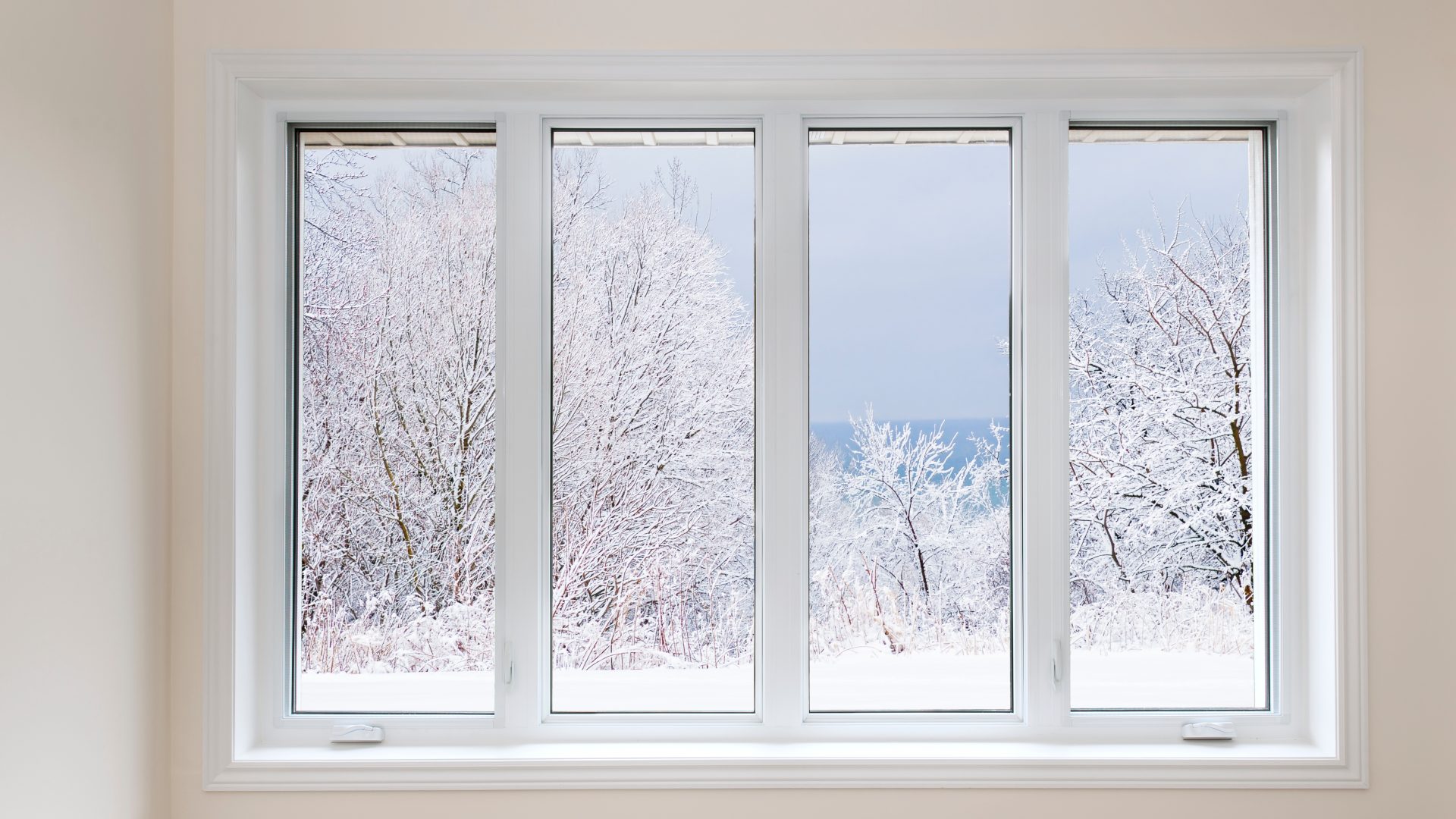 Four side by side windows overlooking snowy trees