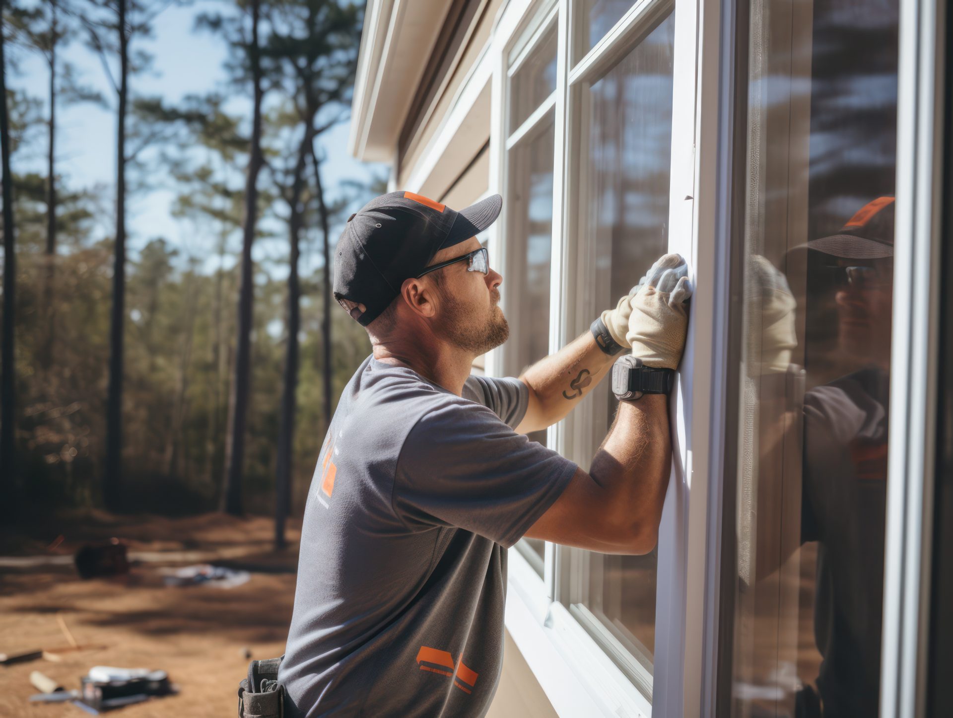 Window installer outdoors inspecting window