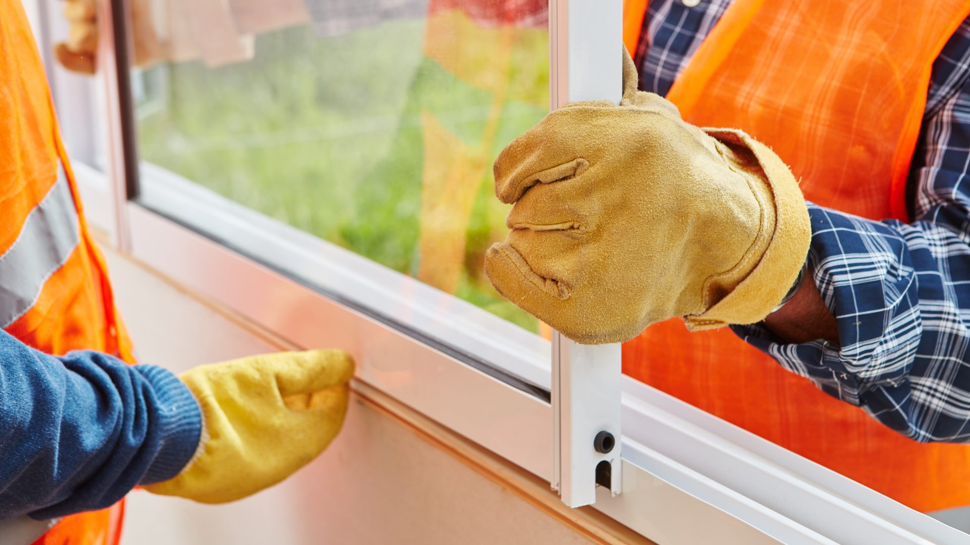 Close view of two installers maneuvering a new window into place