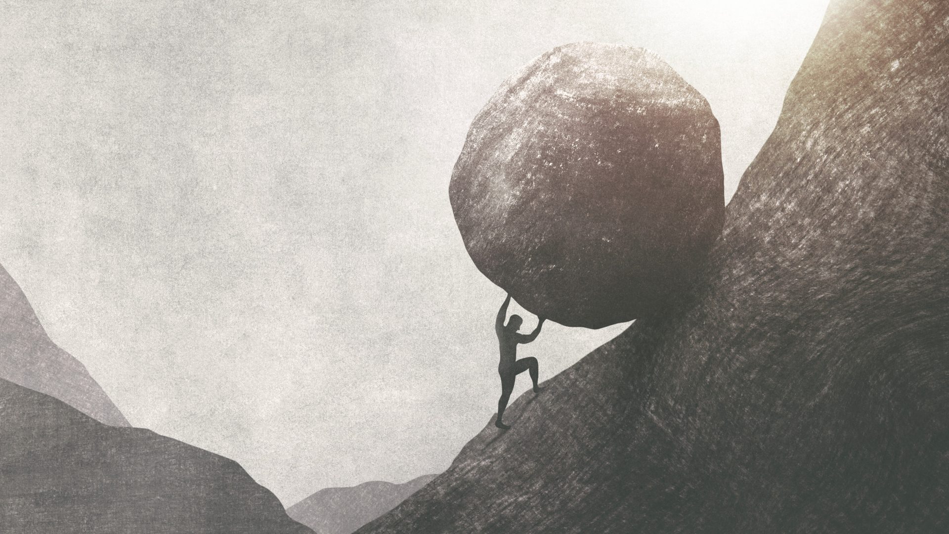 An illustration of a man pushing a boulder up a hill.