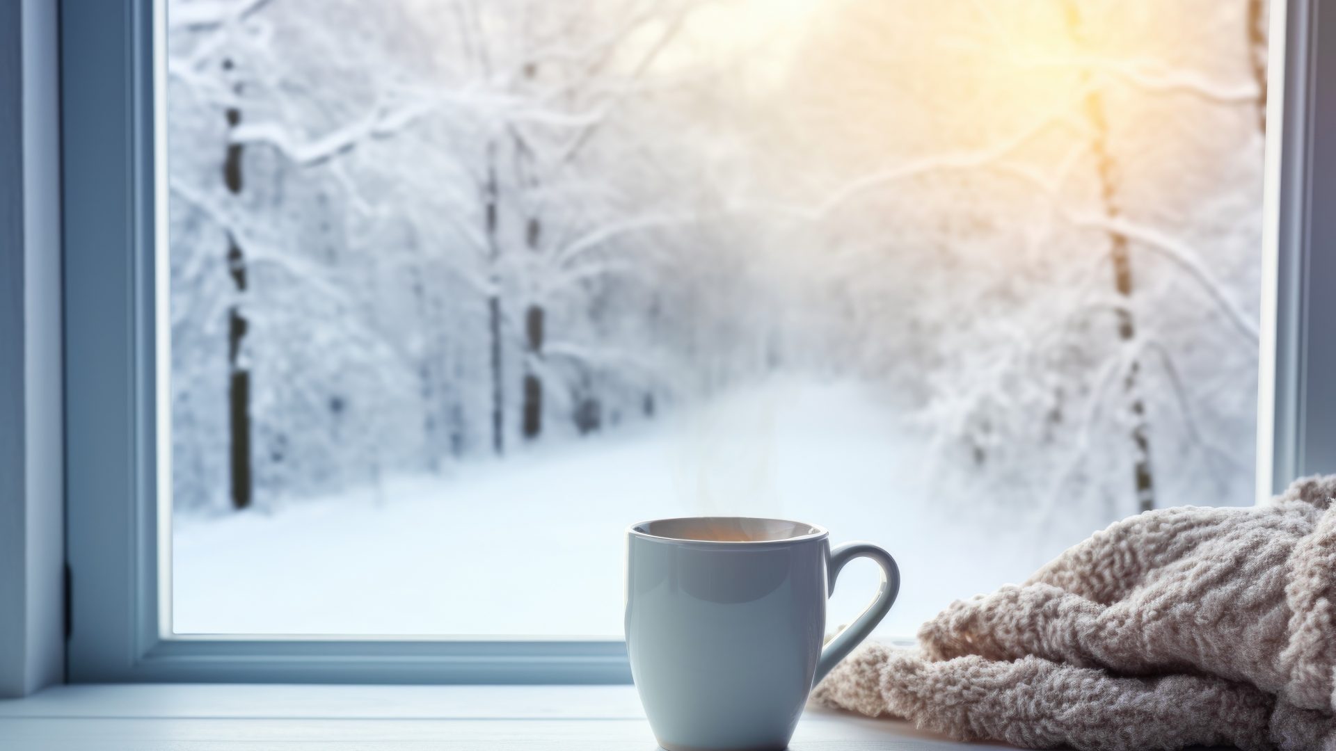 Close view out of a residential window in winter with trees and snow outside and a mug and blanket on the windowsill
