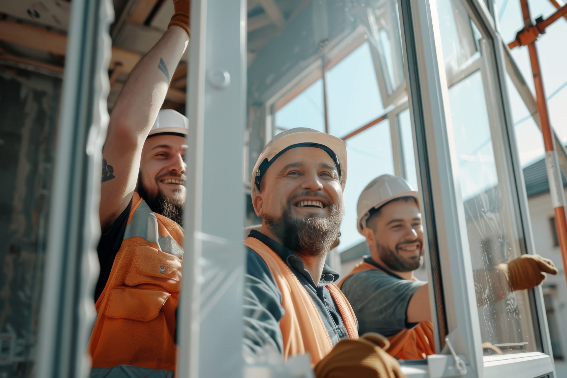 Smiling GreenFox team members installing Alberta windows