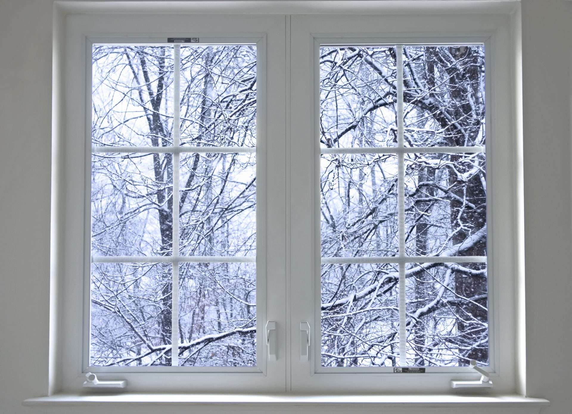 A beautiful virgin vinyl window offers a view of a snowy Canadian landscape in Wood Buffalo by GreenFox Windows & Doors