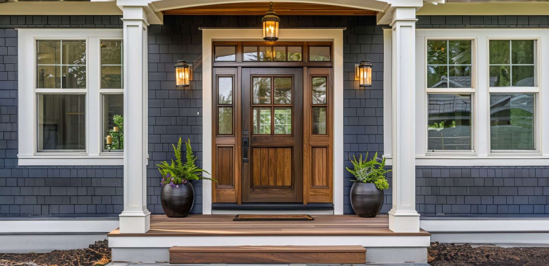 Exterior fancy wooden and glass door installation in gray-sided home by GreenFox Windows & Doors in Calgary, Alberta