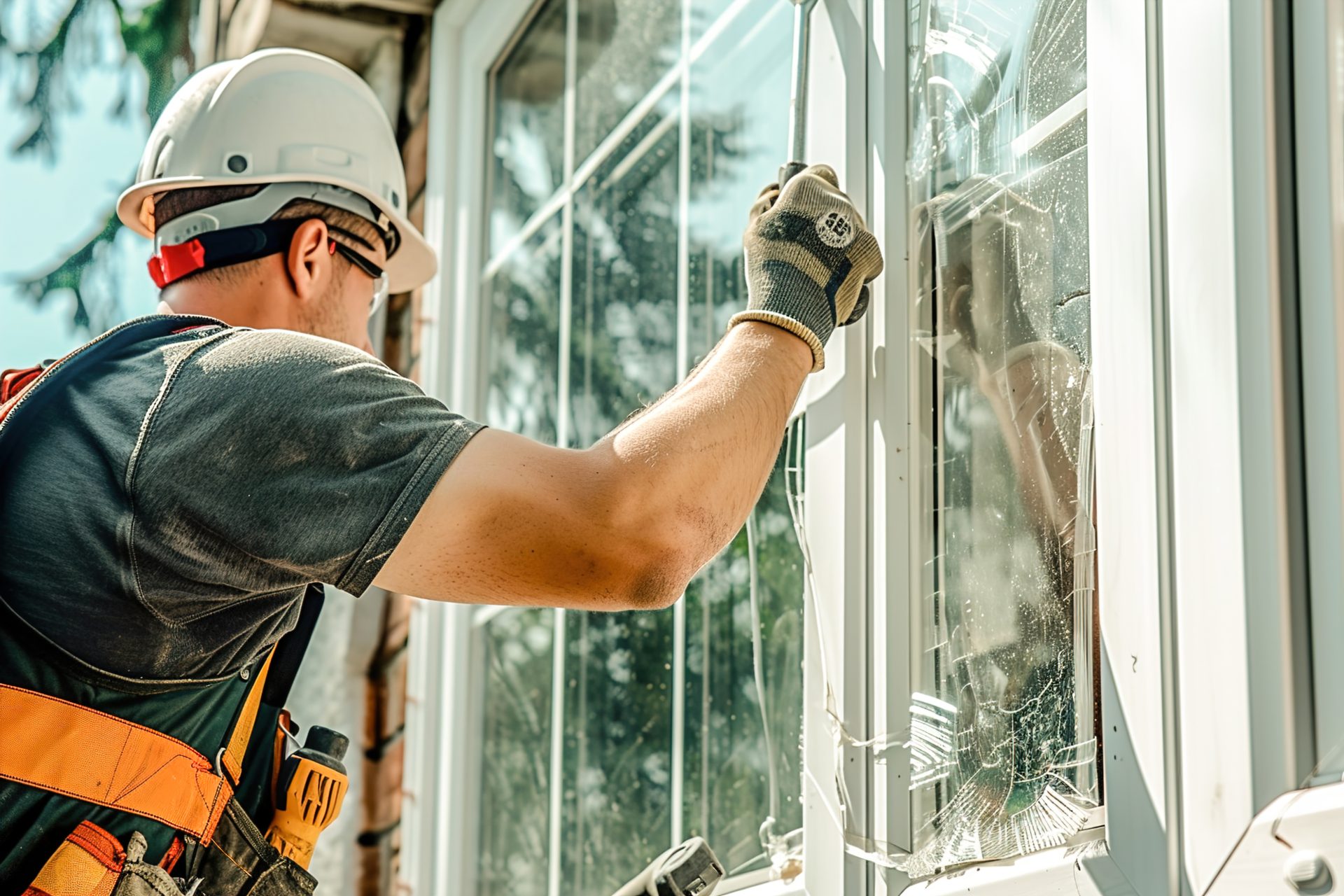 Worker in hard hat replacing windows while outside house