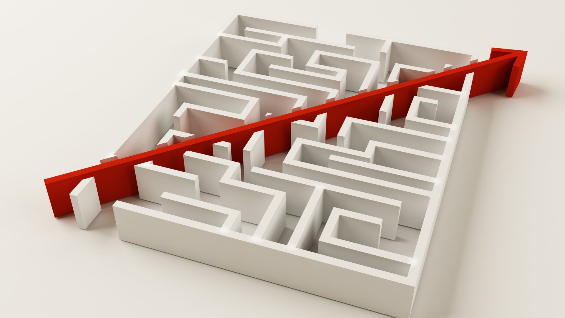 Angled overhead view of a computer-generated white maze with a red arrow cutting straight through it from one corner to another
