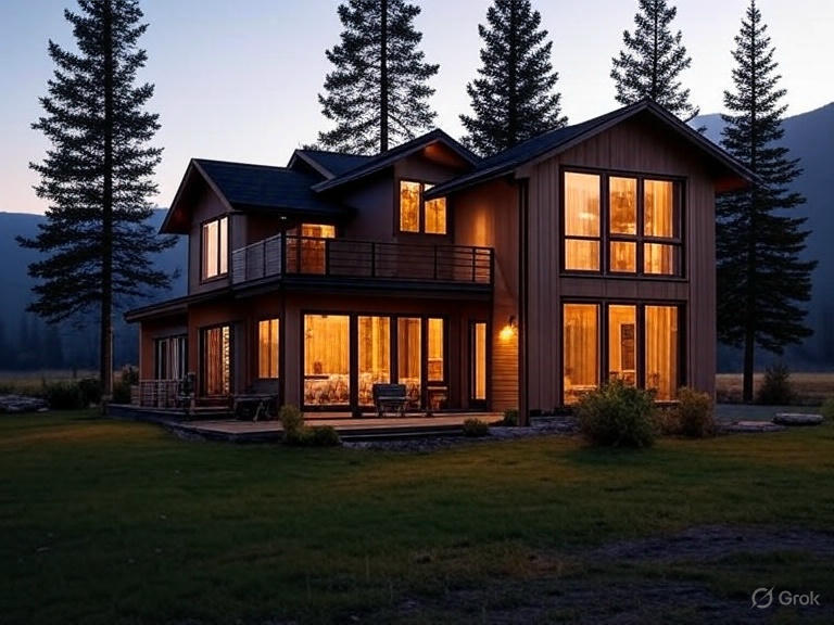 Wooden house with large windows, trees, evening light
