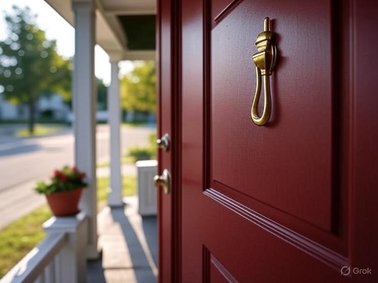 wooden house with red door and knob