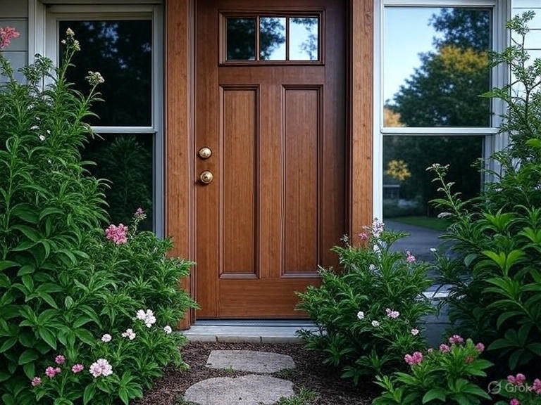 Durable Front door with windows, green lawn, and trees in Beaumont AB | GreenFox Windows & Doors