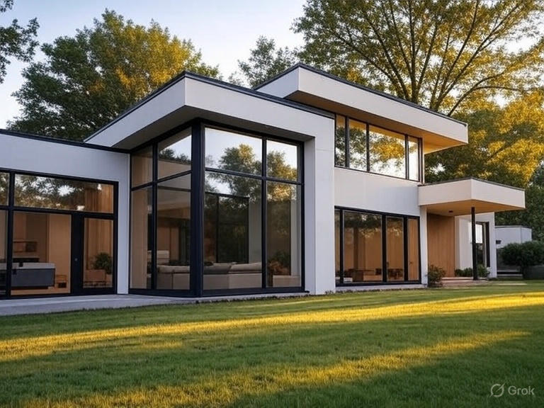 house with many windows, green lawn, and trees in Beaumont AB | GreenFox Windows & Doors