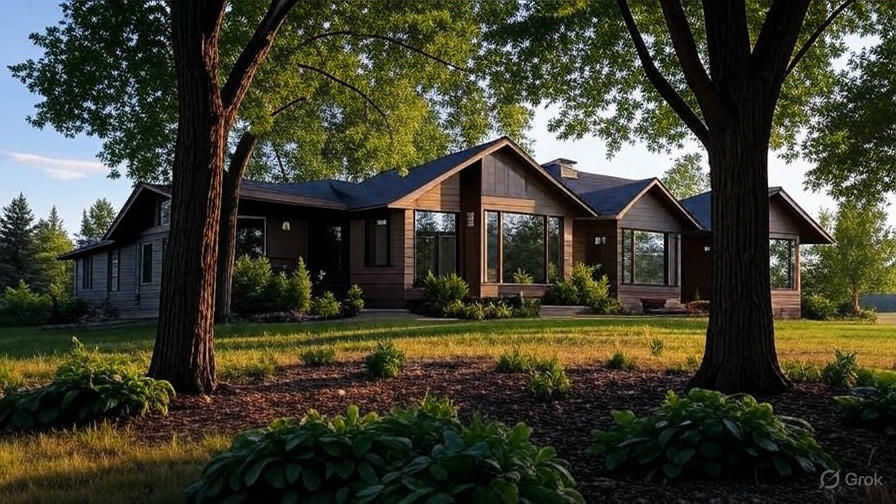 Two-story wooden house with large windows and trees