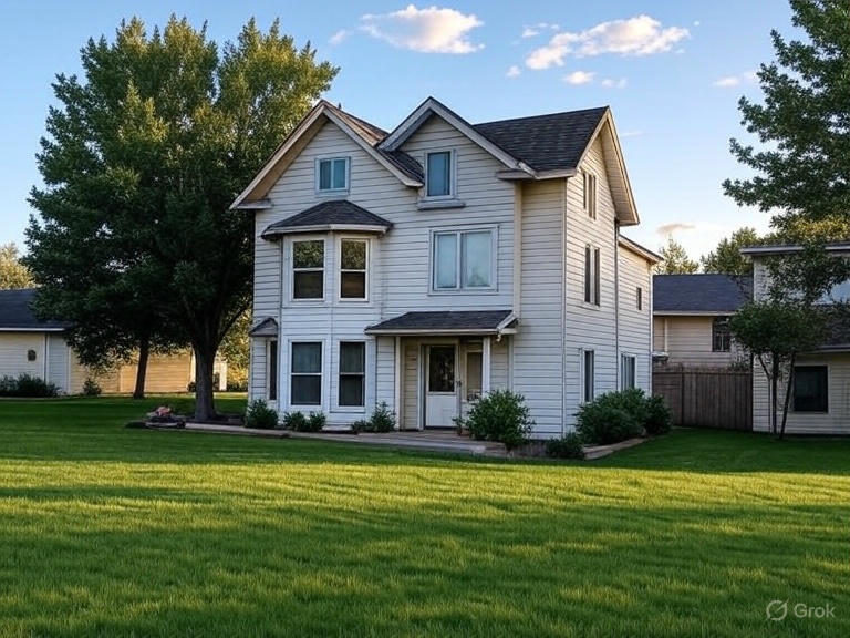 Two-story white house with green lawn and trees in Beaumont AB
