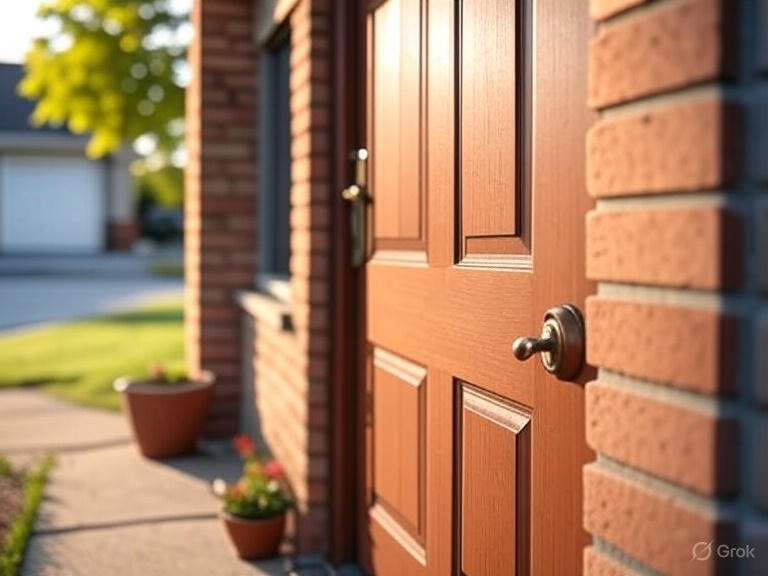 A modern house with a door, bricks, and a pathway in Okotoks AB