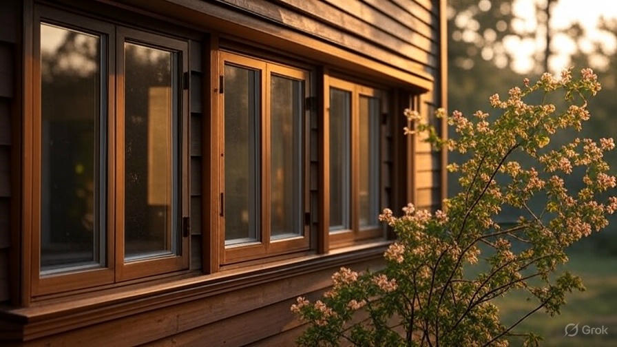 A wooden house with windows and blooming tree branches