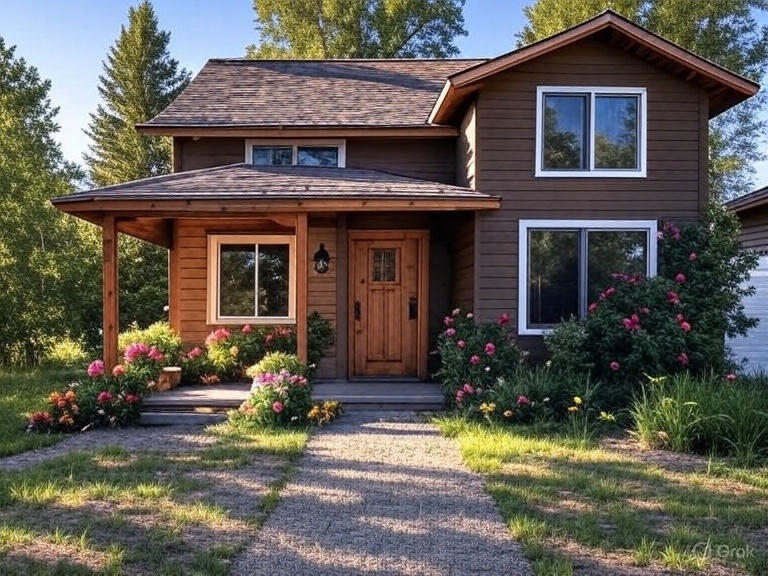 Cozy wooden house with front door and flowers