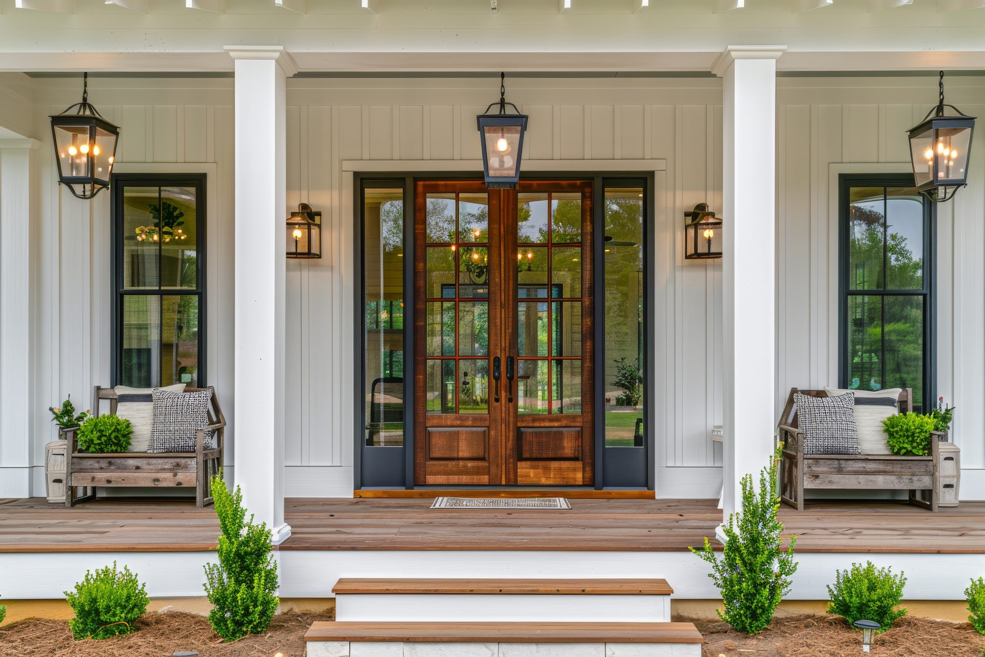 Wood doors with glass inserts on a white house with white pillars In Beaumont, AB | GreenFox Windows & Doors