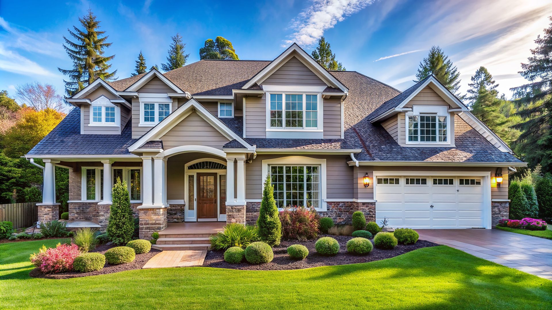 A large gray two-story home with a stone base, many windows, and a wood door with glass inserts.