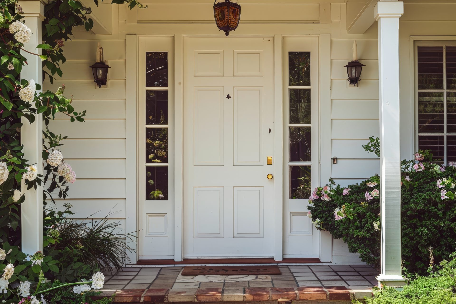 A white front door with a gold door knob on a white house In Brooks, AB | GreenFox Windows & Doors