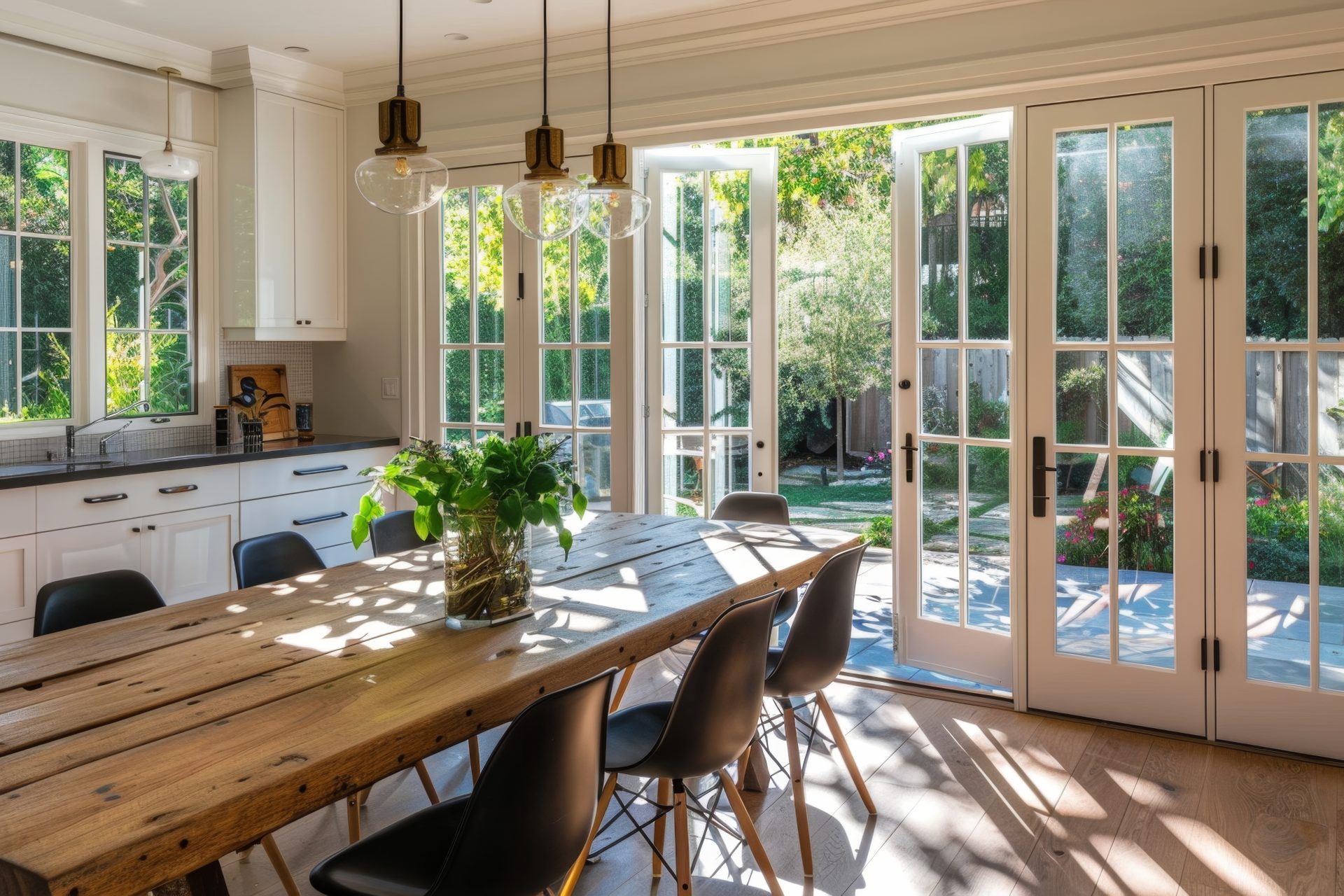 A kitchen with a long wood table looking to white and glass French doors leading outside