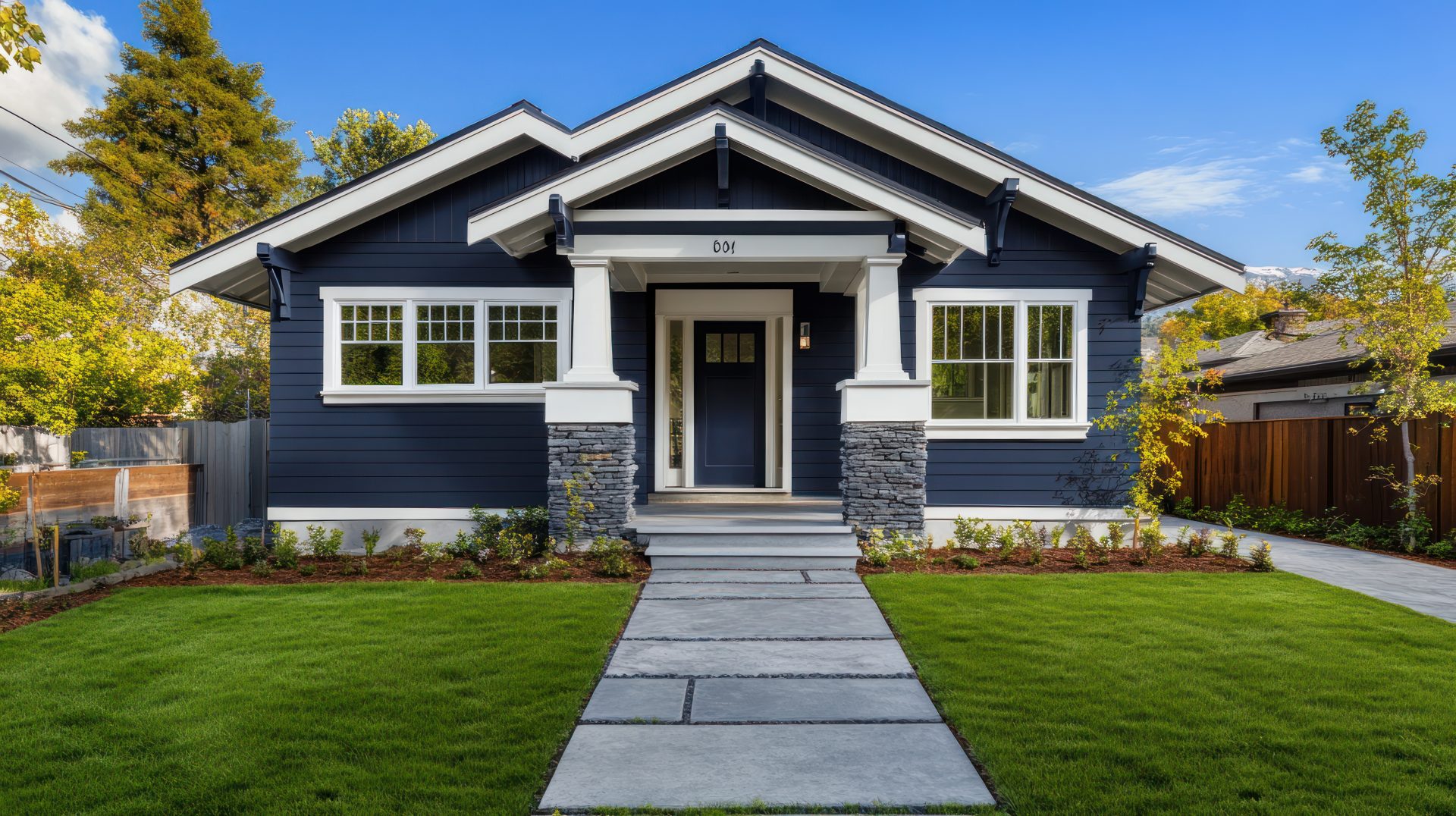 A blue house with a stone front base, several windows, and a blue door