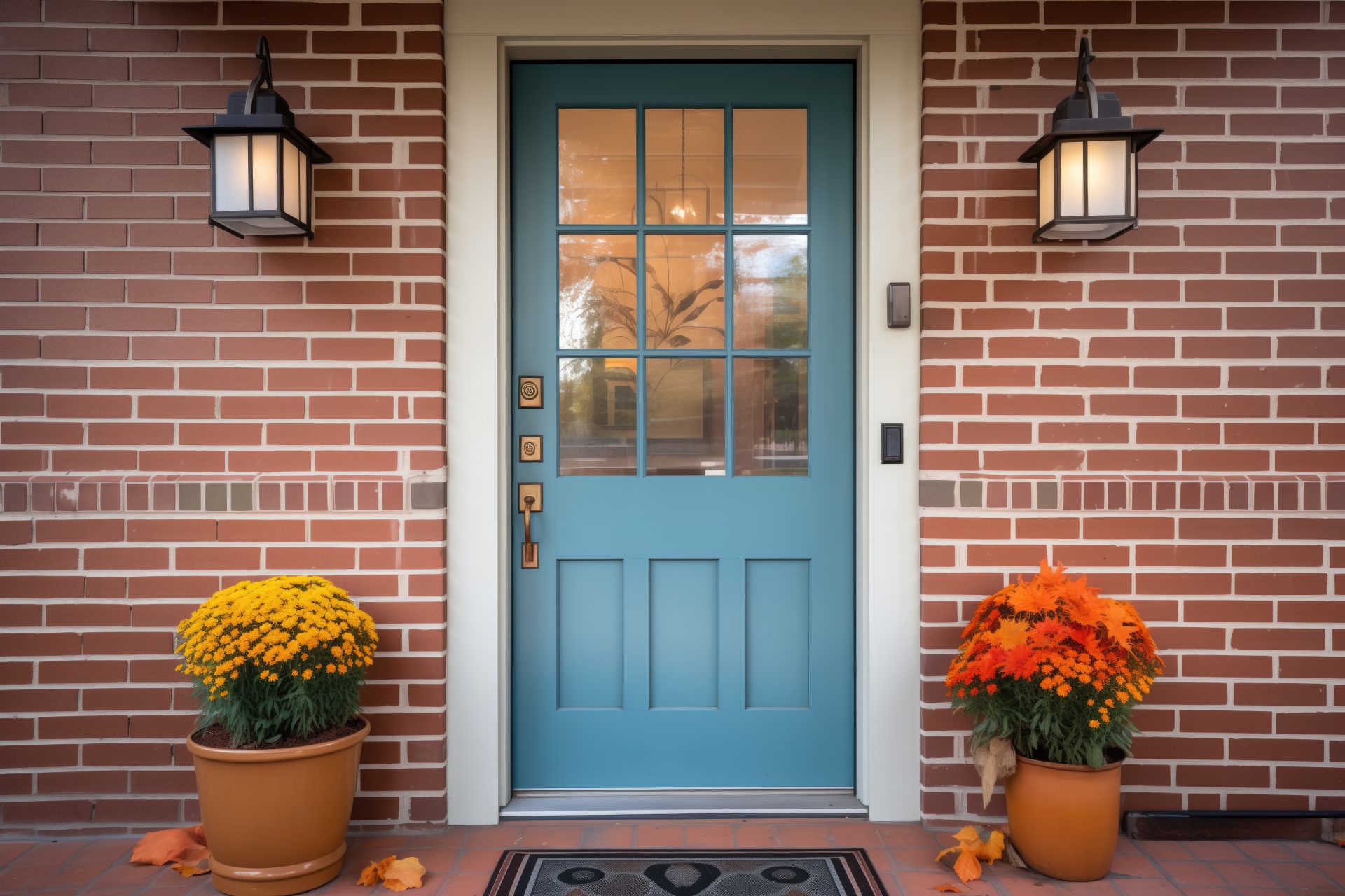 A beautiful entry door in a blue-green color with windows.