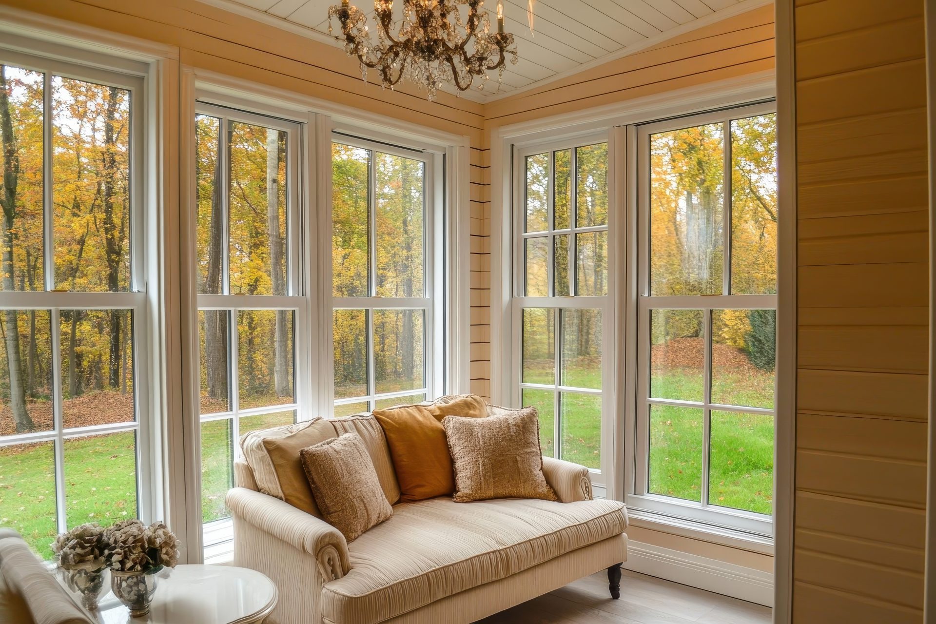 Gorgeous windows that enhance the view when sitting on the couch in a sunroom