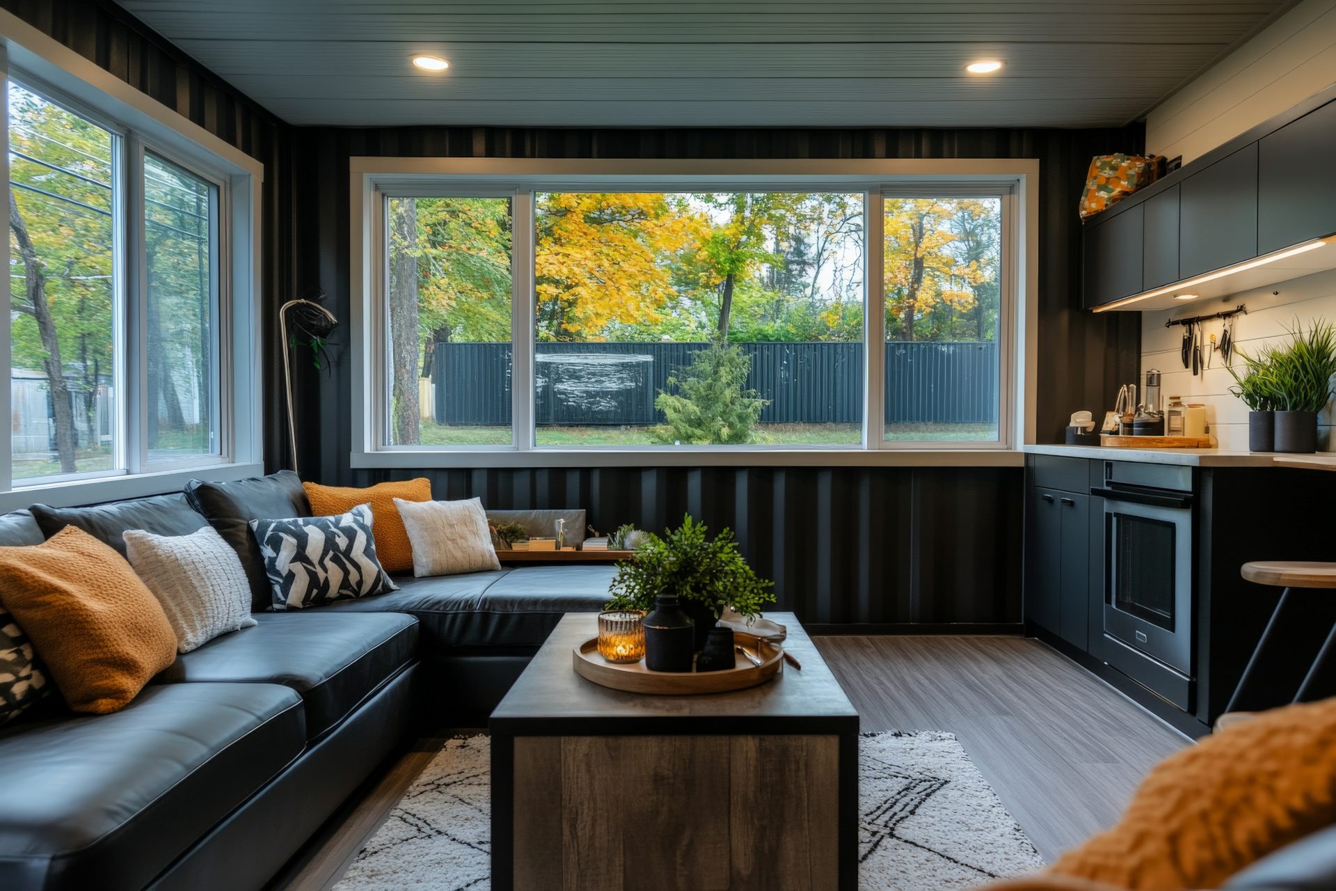 An interior view of a large bay window that has recently been replaced in a home.