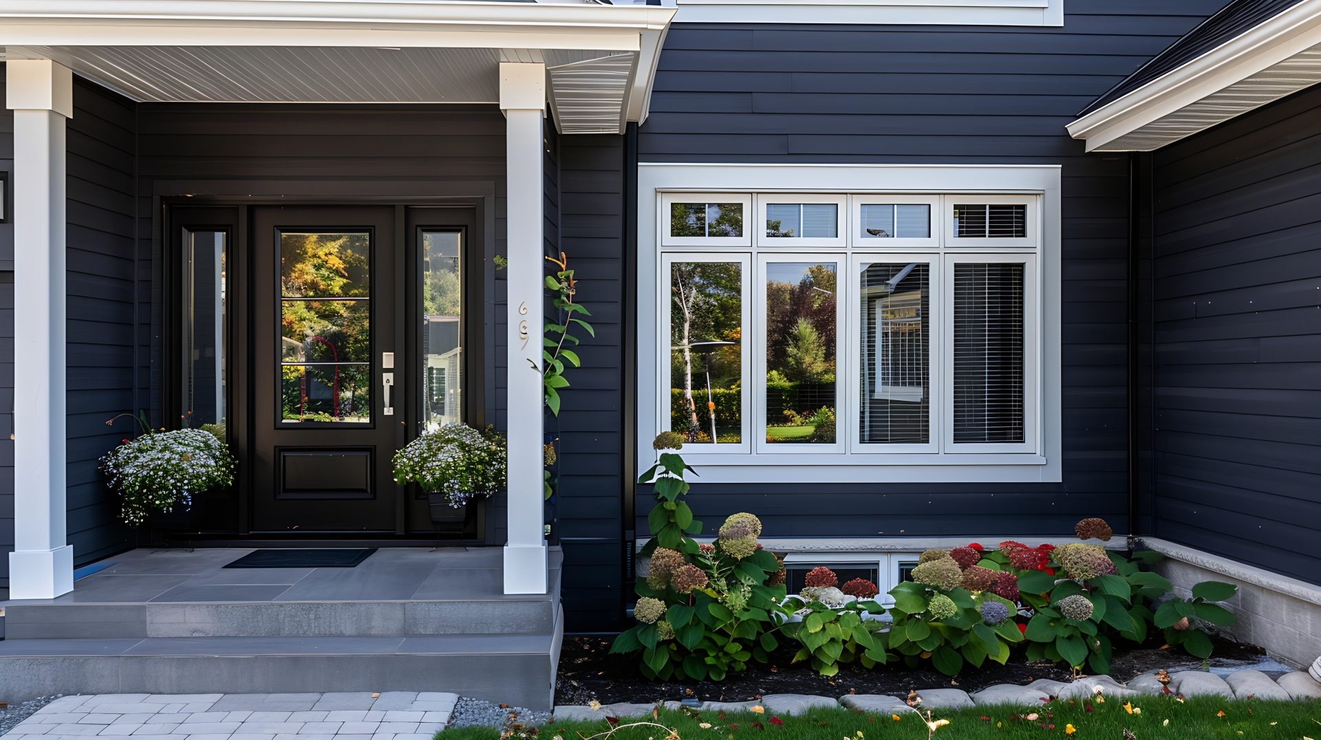 A custom entry door with window in the door and sidelights installed on a dark blue home.